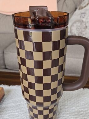 Checkerboard Travel Tumbler - Brown & Cream
